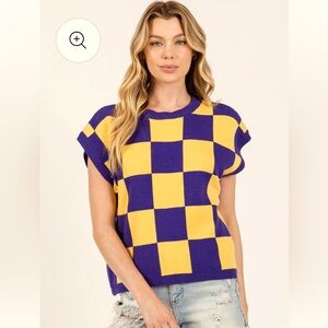 327. Varsity Checkered sleeveless knit sweater vest dark purple and gold